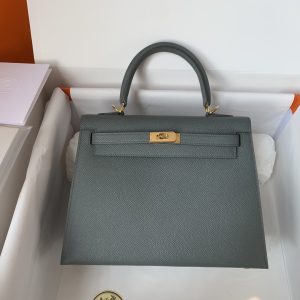 Kelly 25/28/32cm进口Epsom皮 半手工蜡线缝杏仁绿金银扣-高仿包包