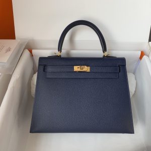 Kelly 25/28/32cm进口Epsom皮 手工蜡线缝制宝蓝金银扣-高仿包包
