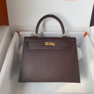 Kelly 25/28/32cm进口Epsom皮 手工蜡线缝制乌木色金银扣-高仿包包