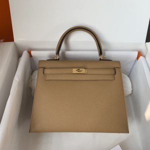 Kelly 25/28/32cm进口Epsom皮 手工蜡线缝制奶茶色金银扣-高仿包包