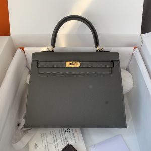 Kelly 25/28/32cm进口Epsom皮 手工蜡线缝制积雨云灰金银扣-高仿包包