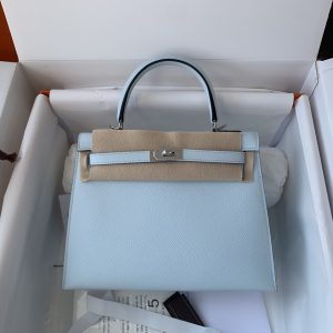 Kelly 25/28/32cm进口Epsom皮 手工蜡线缝制雾霾蓝金银扣-高仿包包