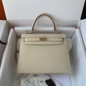 Kelly 25/28/32cm进口Epsom皮 手工蜡线缝制奶昔白金银扣-高仿包包