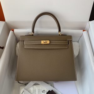 Kelly 25/28/32cm进口Epsom皮 手工蜡线缝制大象灰金银扣-高仿包包