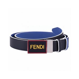 FENDI (芬迪) 专柜同款 男士休闲双面用腰带宽3.4cm 全粒面黑色小牛皮制作内侧为蓝色牛皮旋转五金搭扣-高仿包包