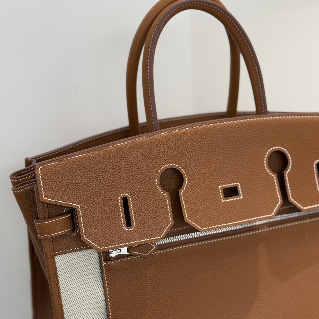 图片[3]-最  翻转birkin35cm hermes al envers 帆布以拼皮设计 福宝马鞍皮金棕色 银扣全手缝-高仿包包
