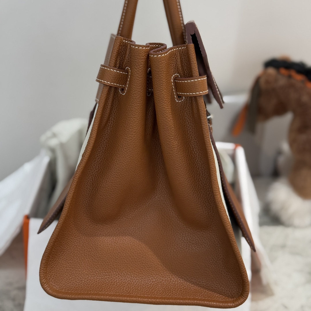 图片[6]-最  翻转birkin35cm hermes al envers 帆布以拼皮设计 福宝马鞍皮金棕色 银扣全手缝-高仿包包