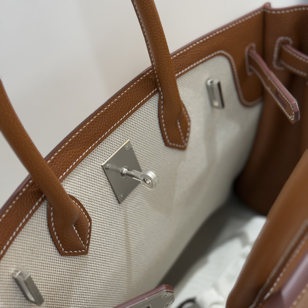 图片[9]-最  翻转birkin35cm hermes al envers 帆布以拼皮设计 福宝马鞍皮金棕色 银扣全手缝-高仿包包