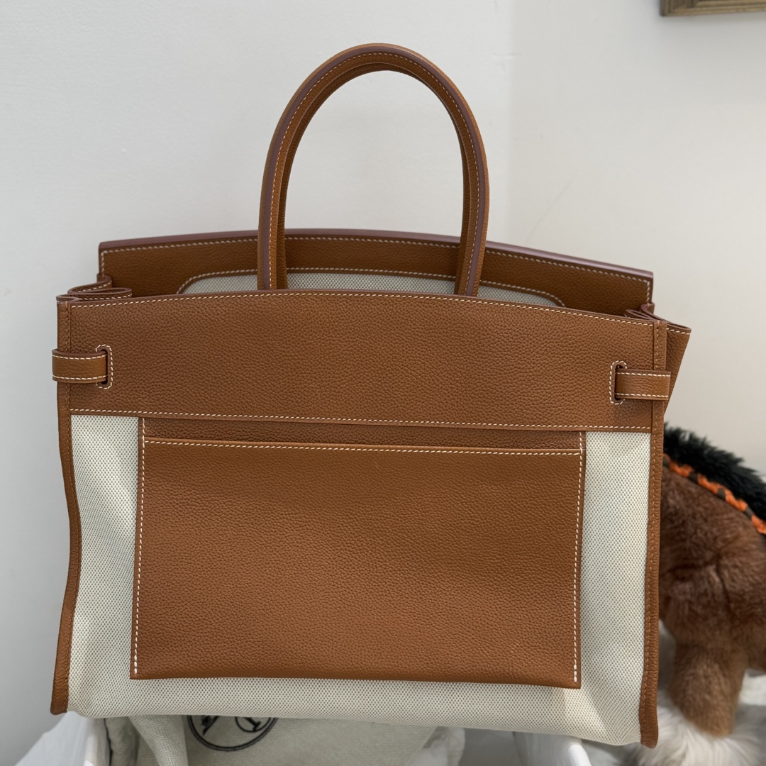 图片[2]-最  翻转birkin35cm hermes al envers 帆布以拼皮设计 福宝马鞍皮金棕色 银扣全手缝-高仿包包