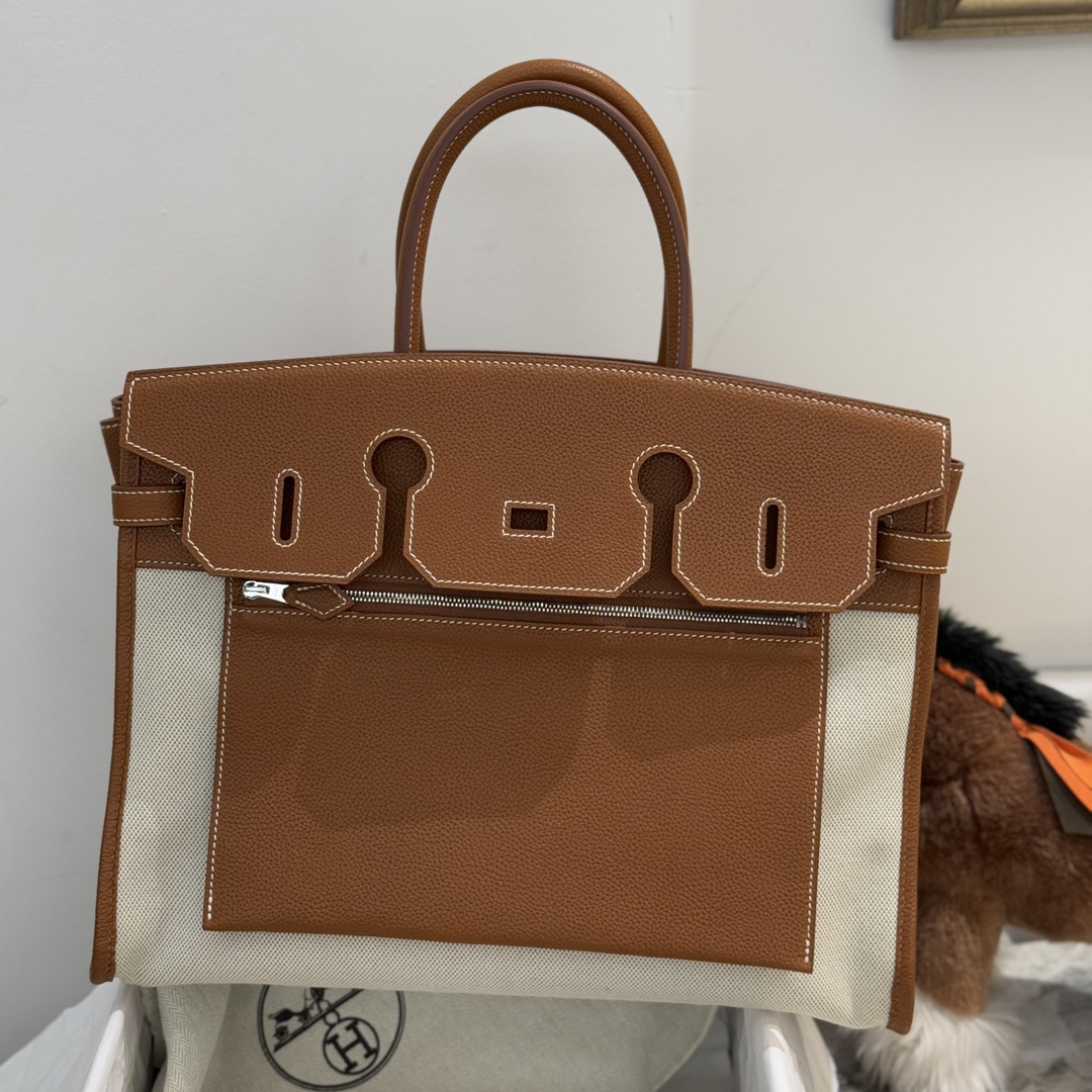 最  翻转birkin35cm hermes al envers 帆布以拼皮设计 福宝马鞍皮金棕色 银扣全手缝-高仿包包
