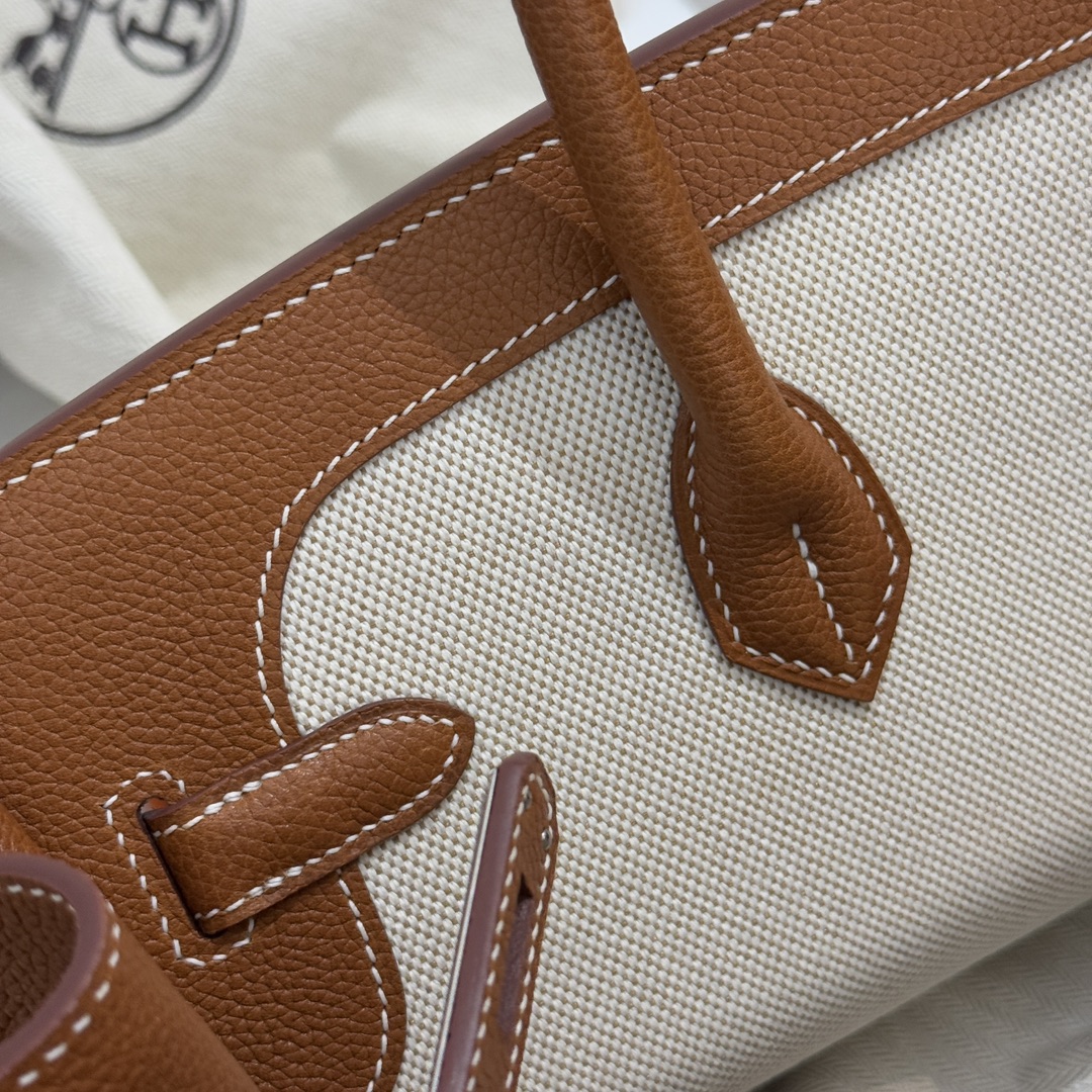 图片[5]-最  翻转birkin35cm hermes al envers 帆布以拼皮设计 福宝马鞍皮金棕色 银扣全手缝-高仿包包