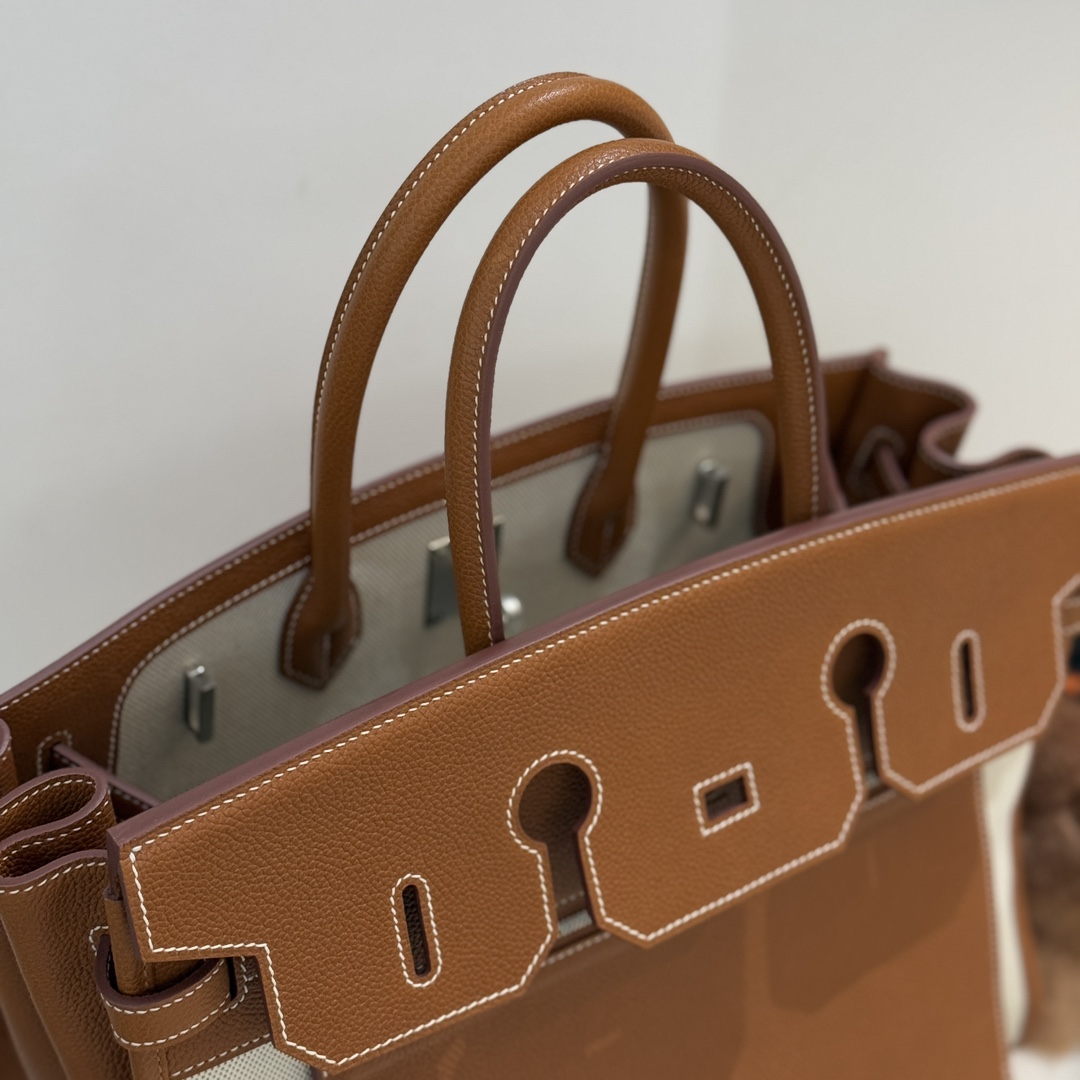 图片[8]-最  翻转birkin35cm hermes al envers 帆布以拼皮设计 福宝马鞍皮金棕色 银扣全手缝-高仿包包