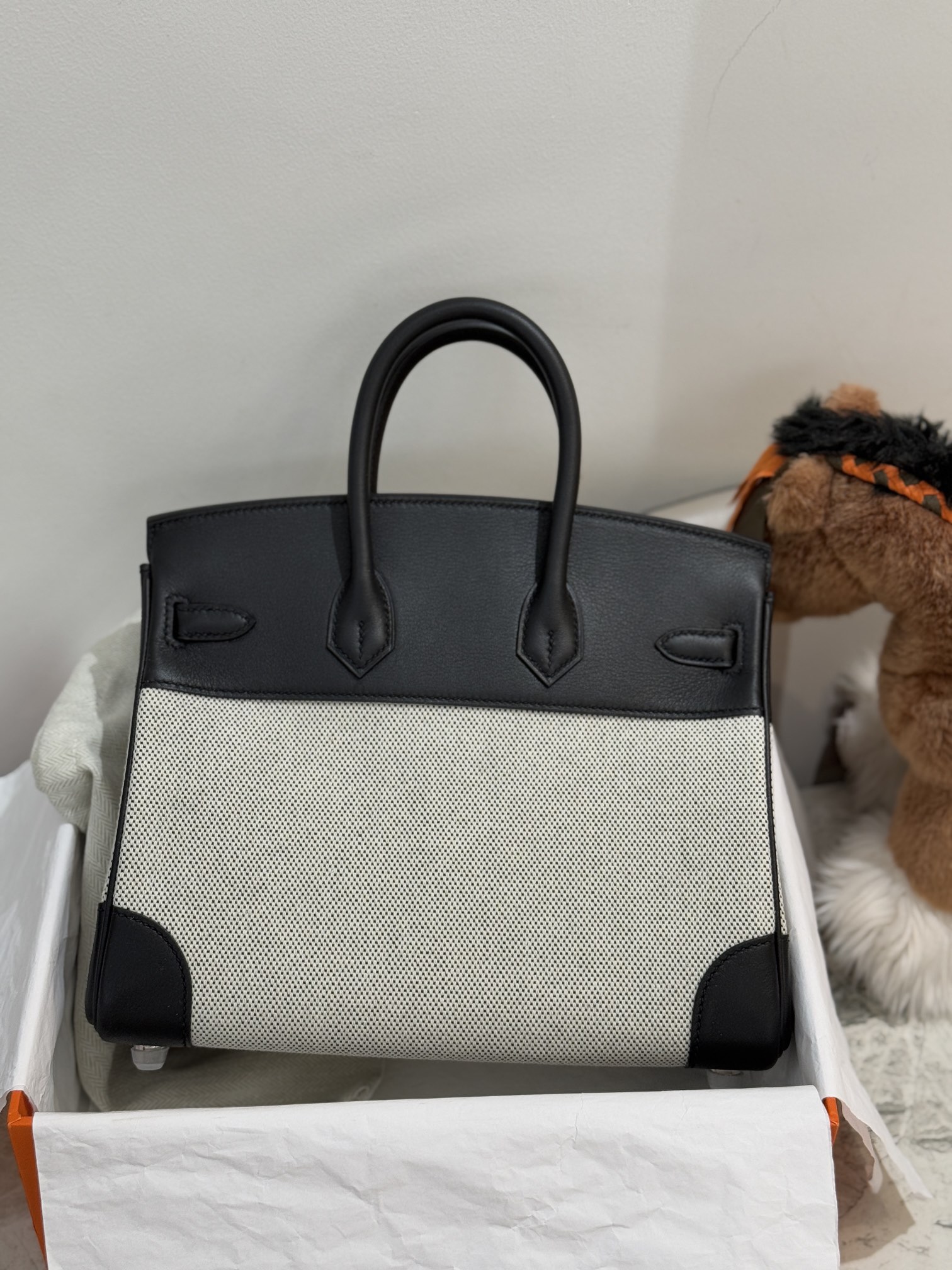 图片[3]-新到  Birkin25cm swift皮拼帆布 黑色 银扣-高仿包包