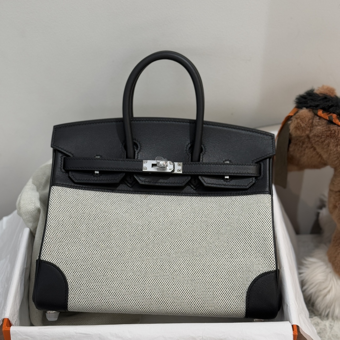 图片[2]-新到  Birkin25cm swift皮拼帆布 黑色 银扣-高仿包包
