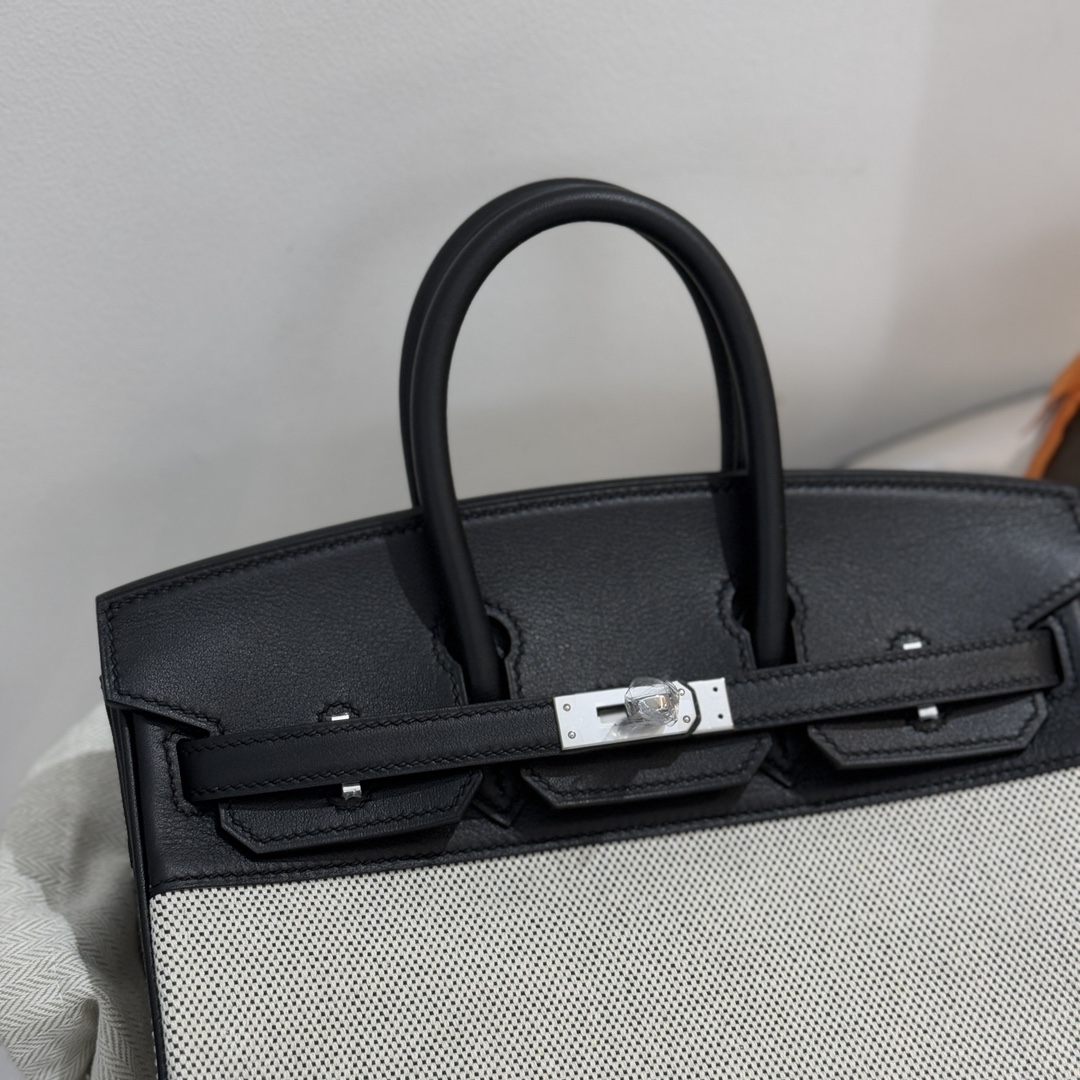 图片[7]-新到  Birkin25cm swift皮拼帆布 黑色 银扣-高仿包包