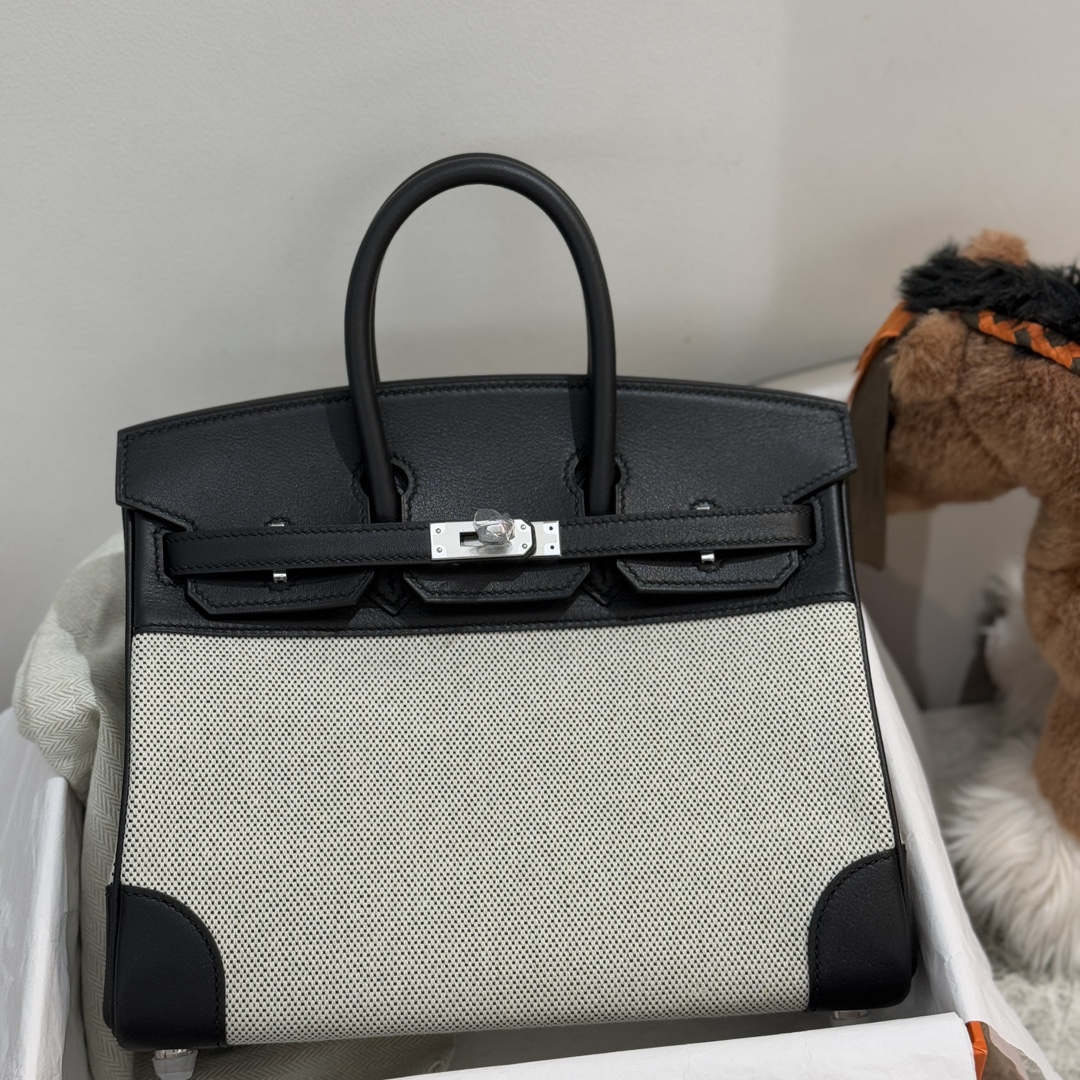新到  Birkin25cm swift皮拼帆布 黑色 银扣-高仿包包