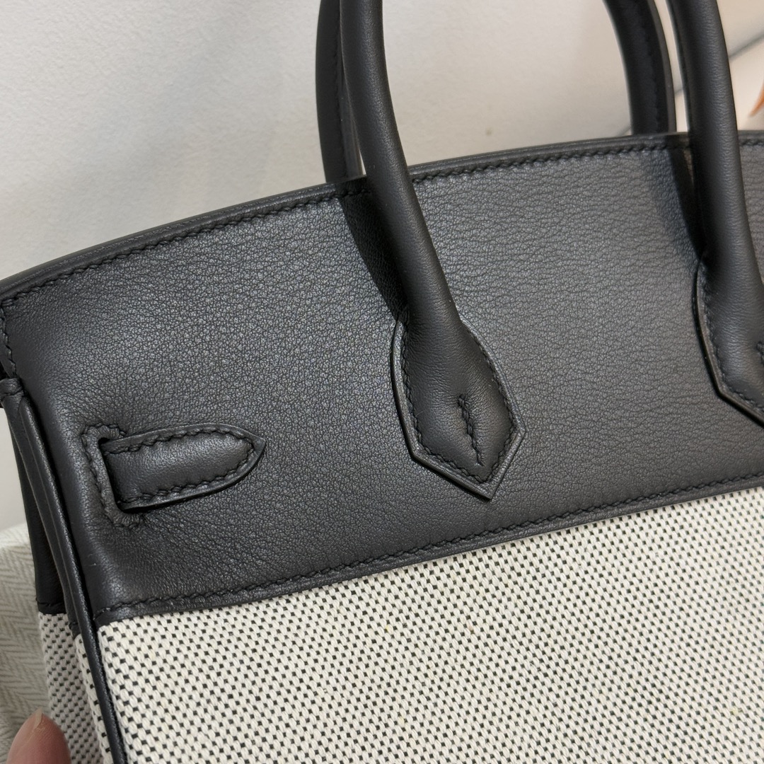 图片[8]-新到  Birkin25cm swift皮拼帆布 黑色 银扣-高仿包包