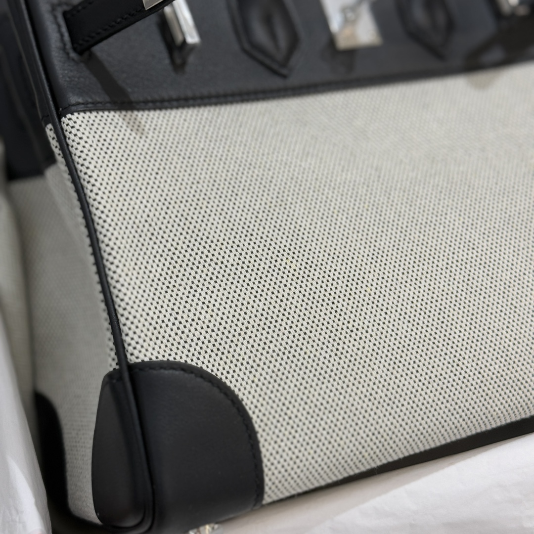 图片[5]-新到  Birkin25cm swift皮拼帆布 黑色 银扣-高仿包包