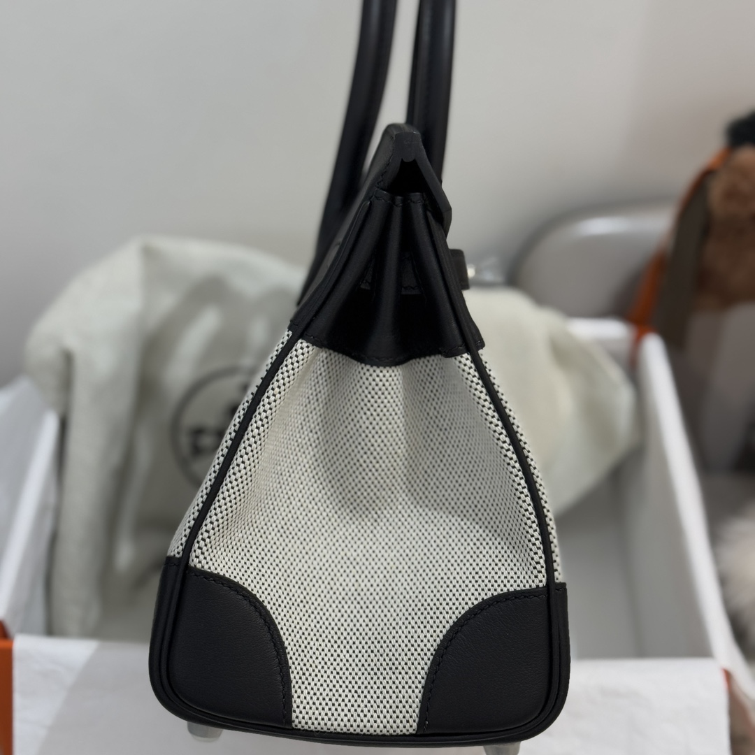 图片[4]-新到  Birkin25cm swift皮拼帆布 黑色 银扣-高仿包包