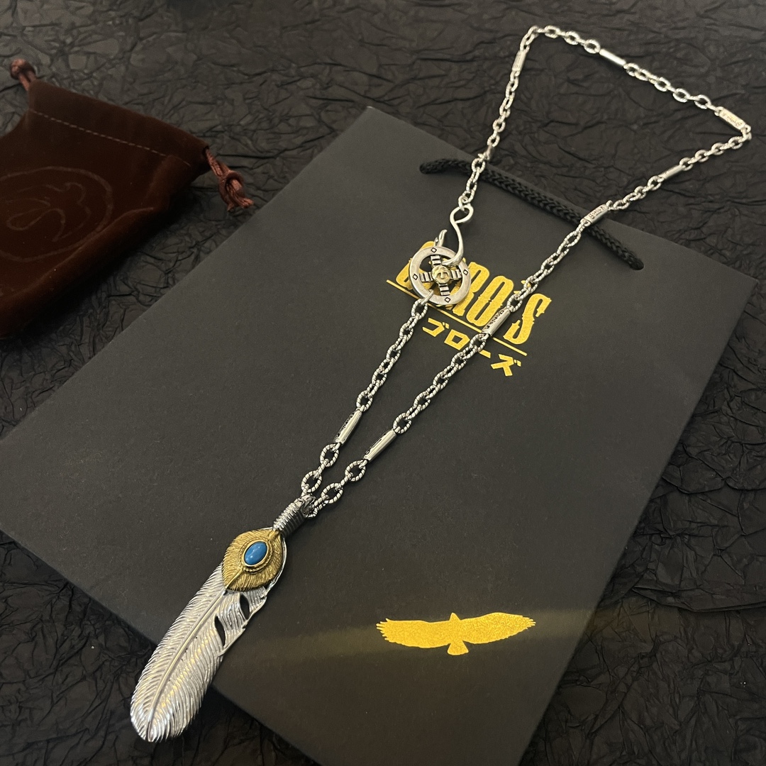 P260 New on the shelves Goro's Takahashi Goro Turquoise Feather Pendant Takahashi Classic Bamboo Necklace Recognized Exclusive Shooting main high-end market Racer/ins/Small Red Book popular models absolutely different from the ordinary version! Picture product details are consistent with ZP! The original production process crafted quality handmade ～ genuine open mold 💝 trend fashion essential men and women can wear couples models with the same rock punk Thai silver style retro elements trendy with the same models official website!