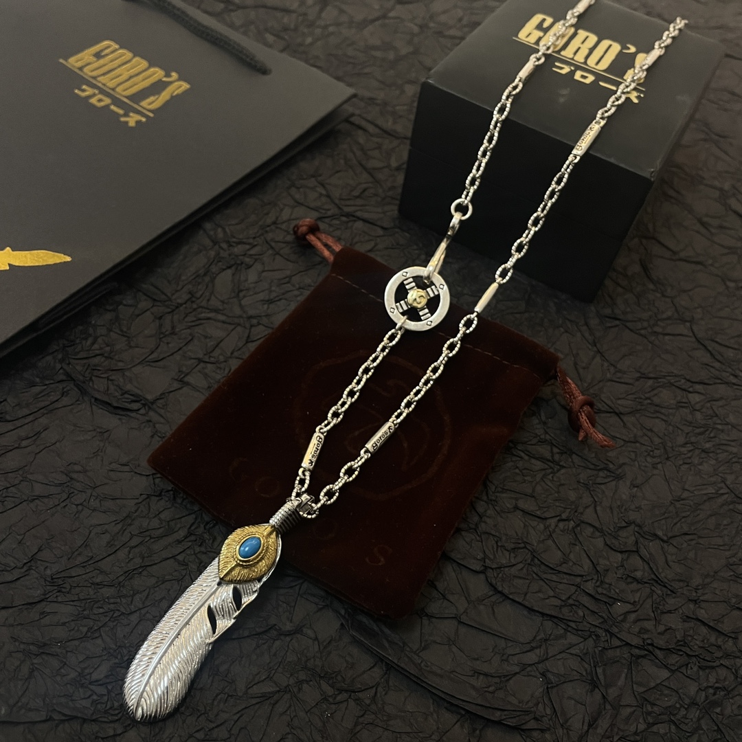 P260 New on the shelves Goro's Takahashi Goro Turquoise Feather Pendant Takahashi Classic Bamboo Necklace Recognized Exclusive Shooting main high-end market Racer/ins/Small Red Book popular models absolutely different from the ordinary version! Picture product details are consistent with ZP! The original production process crafted quality handmade ～ genuine open mold 💝 trend fashion essential men and women can wear couples models with the same rock punk Thai silver style retro elements trendy with the same models official website!