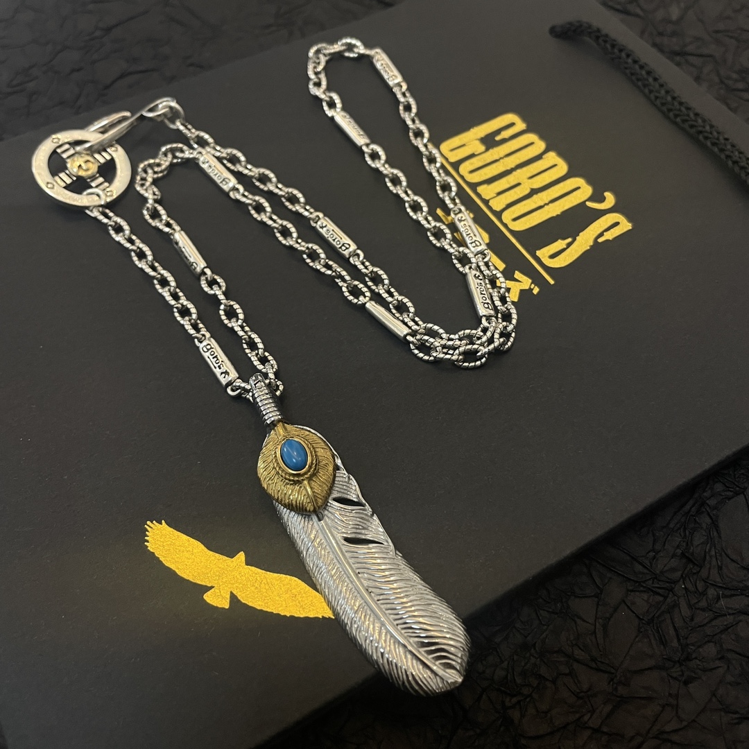 P260 New on the shelves Goro's Takahashi Goro Turquoise Feather Pendant Takahashi Classic Bamboo Necklace Recognized Exclusive Shooting main high-end market Racer/ins/Small Red Book popular models absolutely different from the ordinary version! Picture product details are consistent with ZP! The original production process crafted quality handmade ～ genuine open mold 💝 trend fashion essential men and women can wear couples models with the same rock punk Thai silver style retro elements trendy with the same models official website!