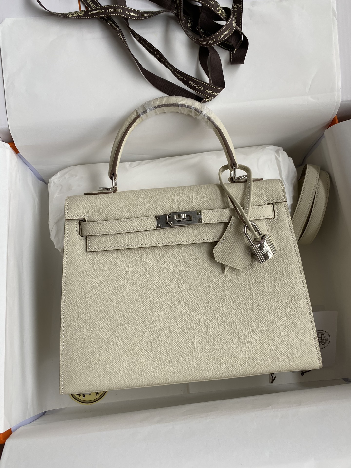 Hermes Kelly 25cm Epsom Leather Milkshake White Silver Buckle-High Faux Bags
