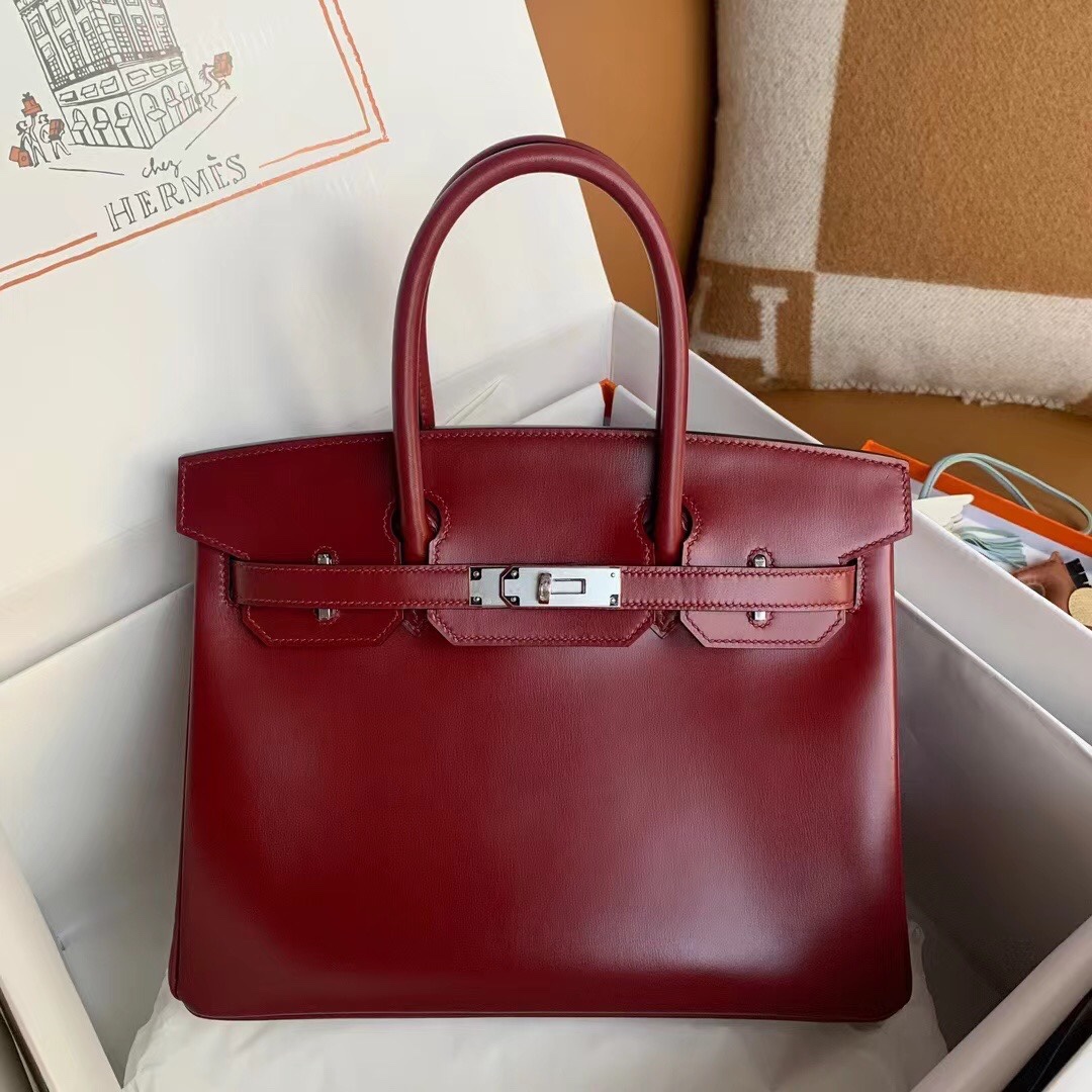 Birkin 30cm Box 皮 K1石榴红 银扣✈️-高仿包包