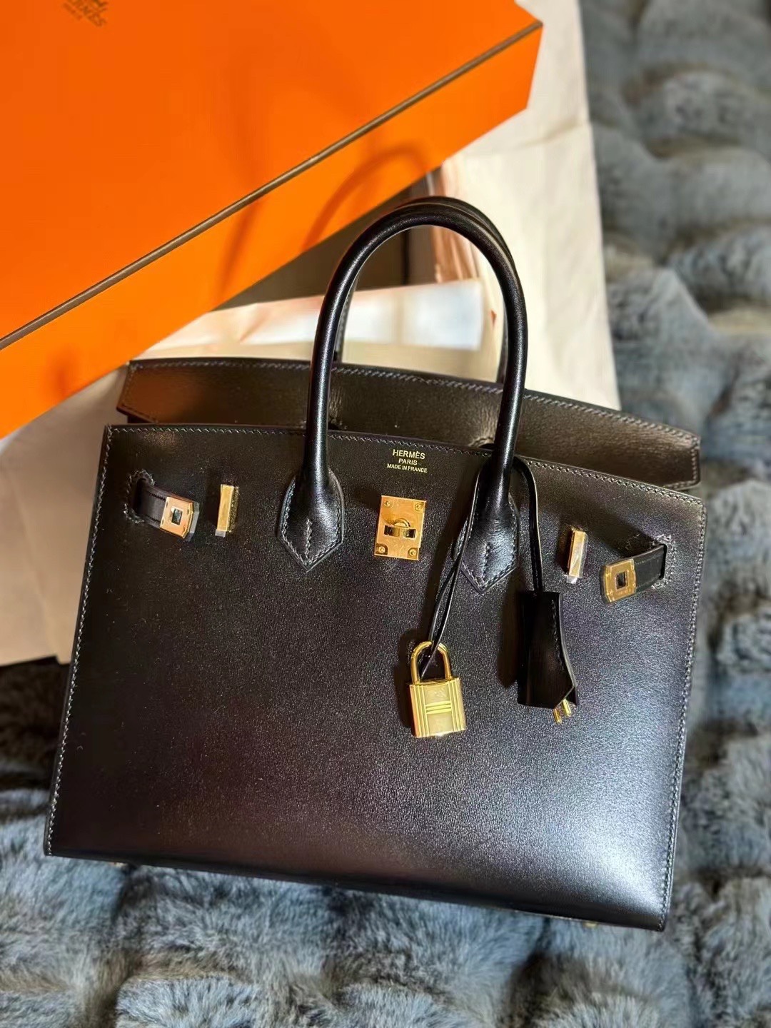 Picture [2]-Birkin 25 sellier Box leather black gold buckle ~- high quality replica bags