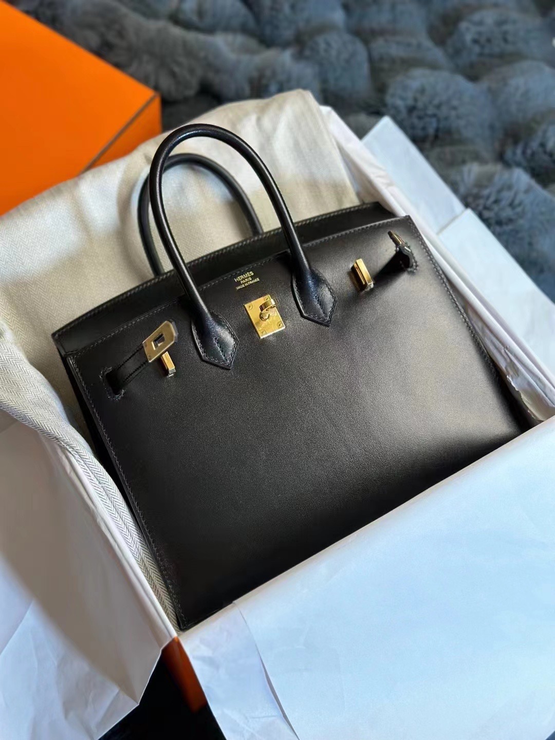 Birkin 25 sellier Box Leather Black Gold Buckle ~-High Fake Bags