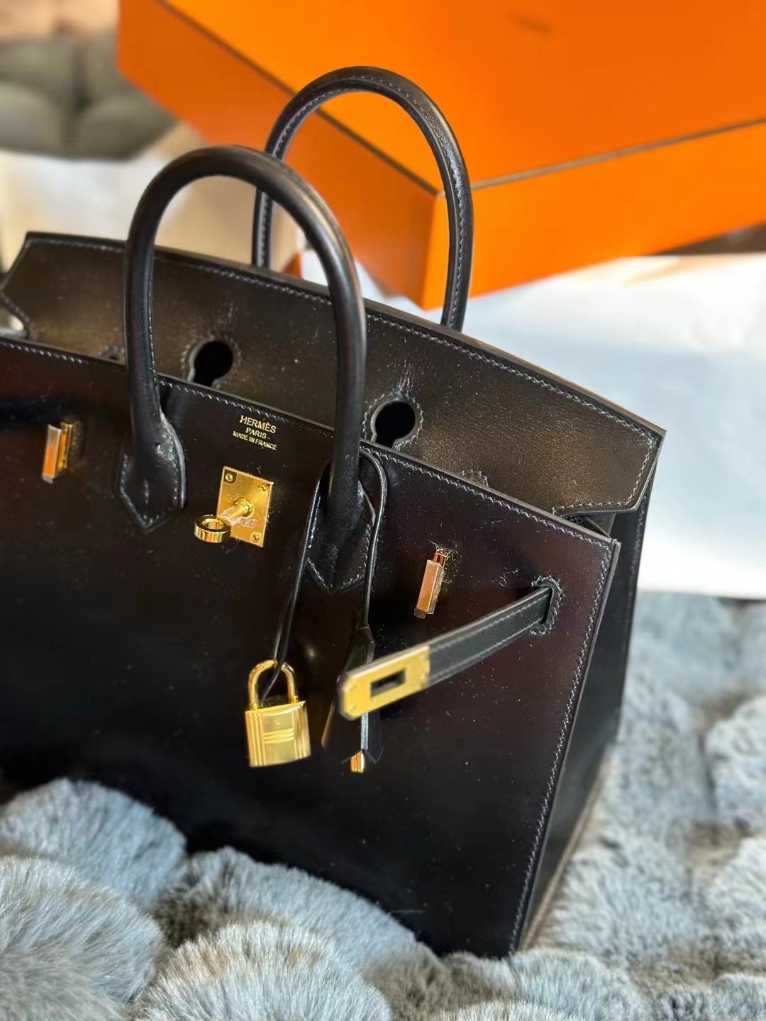 Picture [3]-Birkin 25 sellier Box leather black gold buckle ~- high quality replica bags