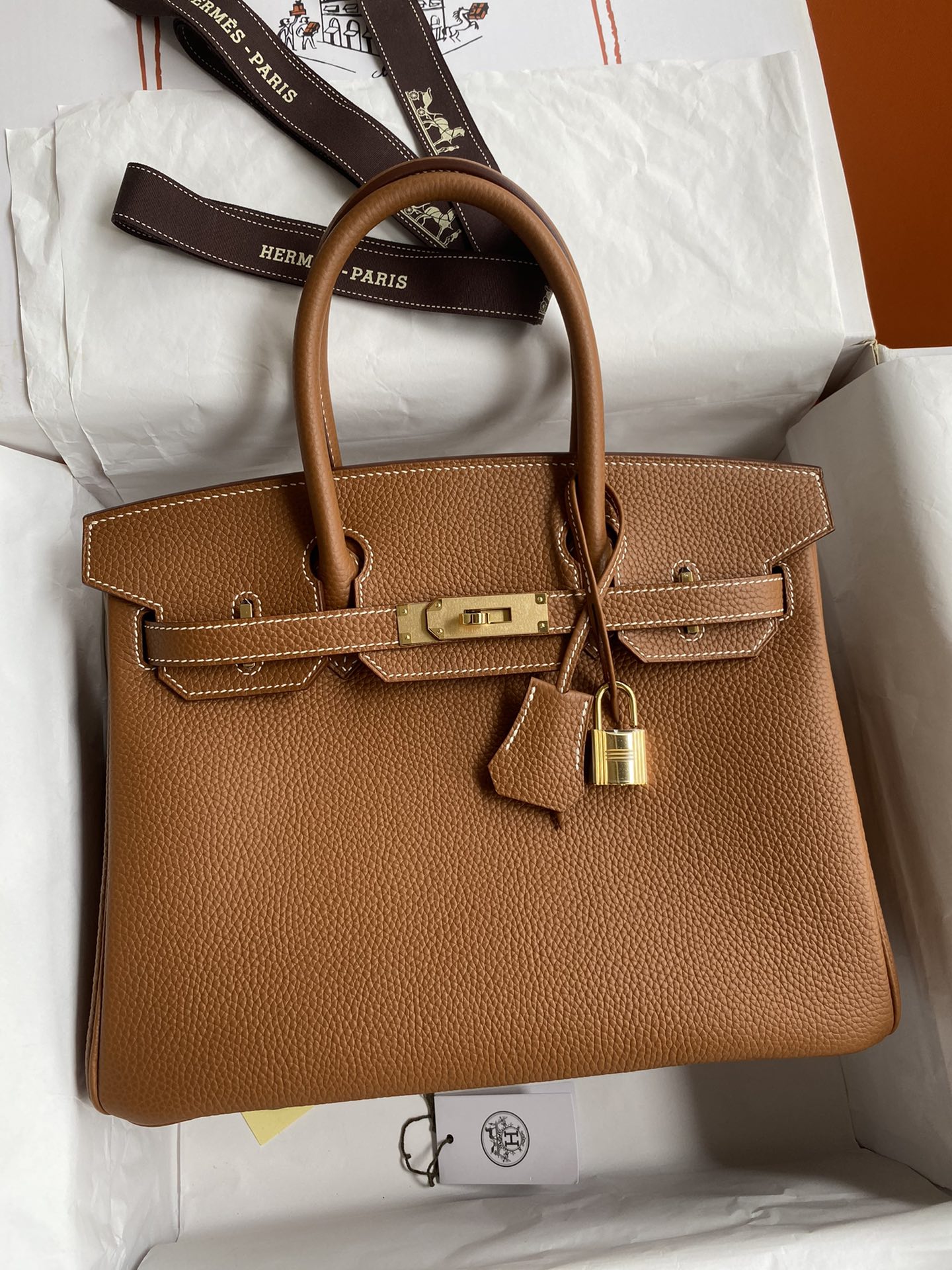 Hand Stitched👉Birkin 30cm Imported Togo Leather Gold Brown Gold Buckle-High Fake Bags