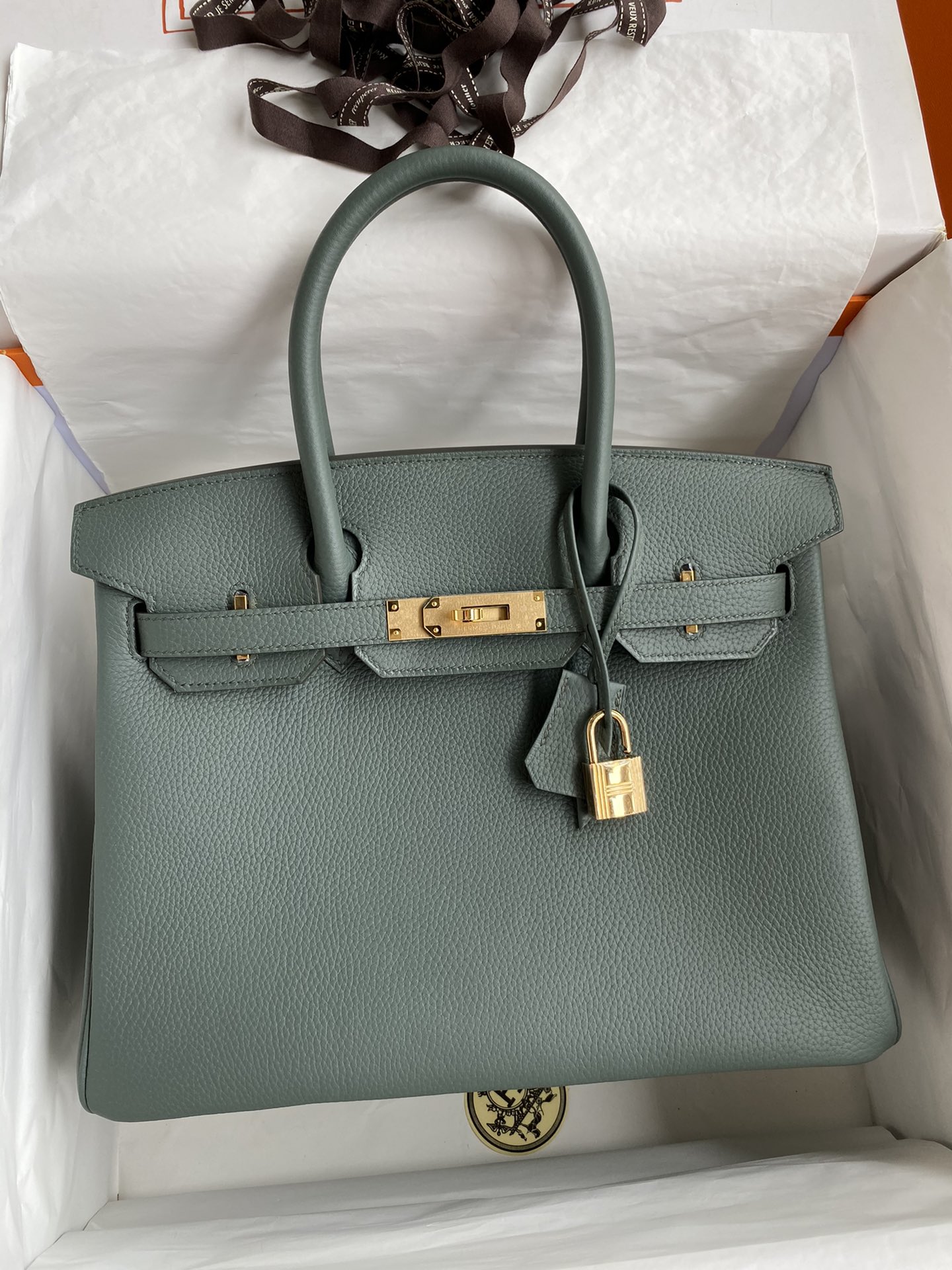 Hand-stitched👉Birkin 30cm Imported Togo Leather Almond Green Gold Buckle-High Faux Bags