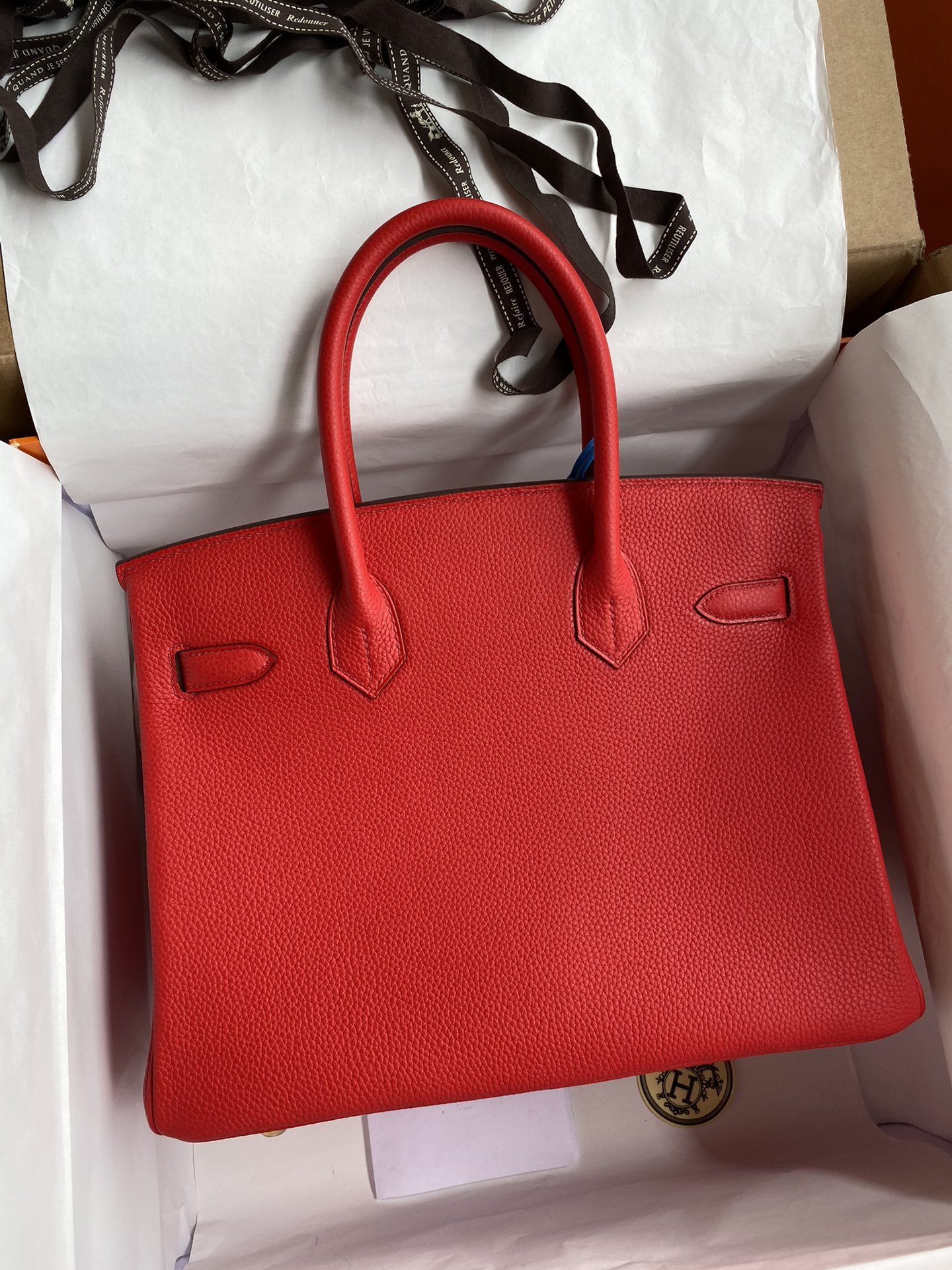 Picture[2]-Hand-stitched 👉Birkin 30cm Imported Togo Leather Flag Red Gold Buckle-High Faux Bags