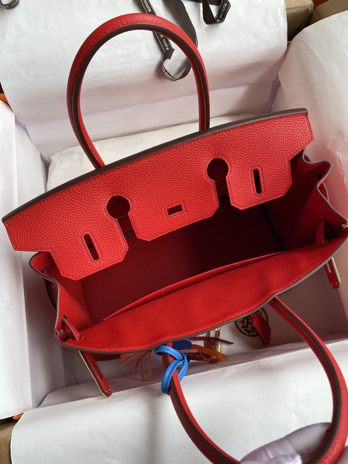 Picture[6]-Hand-stitched Birkin 30cm Imported Togo Leather Flag Red Gold Buckle-High Fake Bags