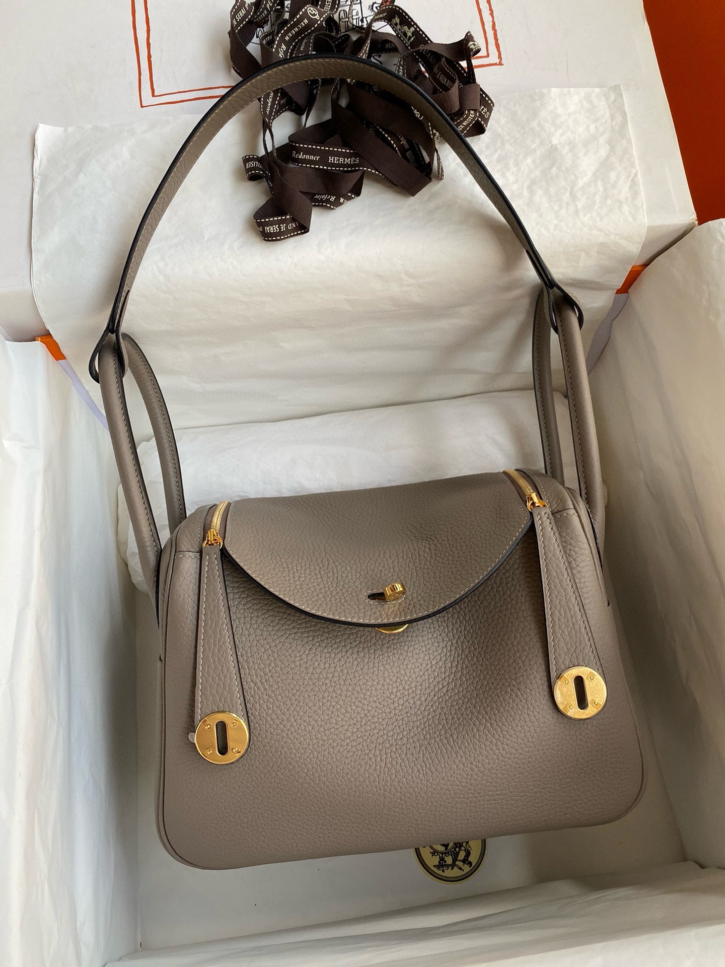 Fully hand-stitched👉Lindy 26cm Imported Taurillon Clemence Leather Asphalt Gray Gold Buckle-High Faux Bag