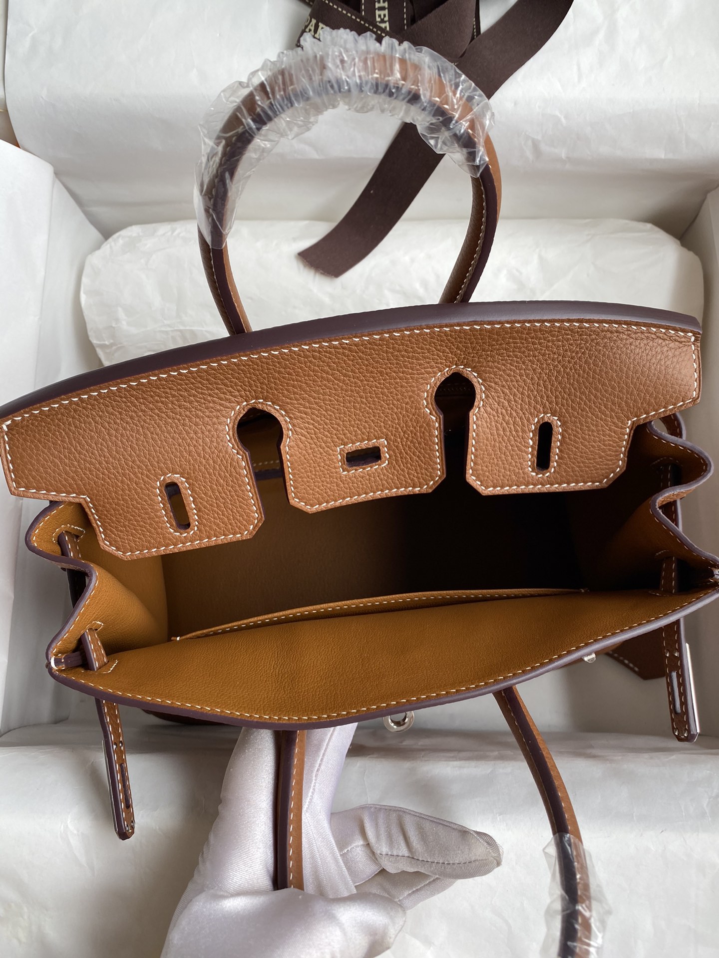 Picture[7]-Birkin 25cm Imported Togo Leather Gold Brown Silver Buckle Waxed Line-High Fake Bags