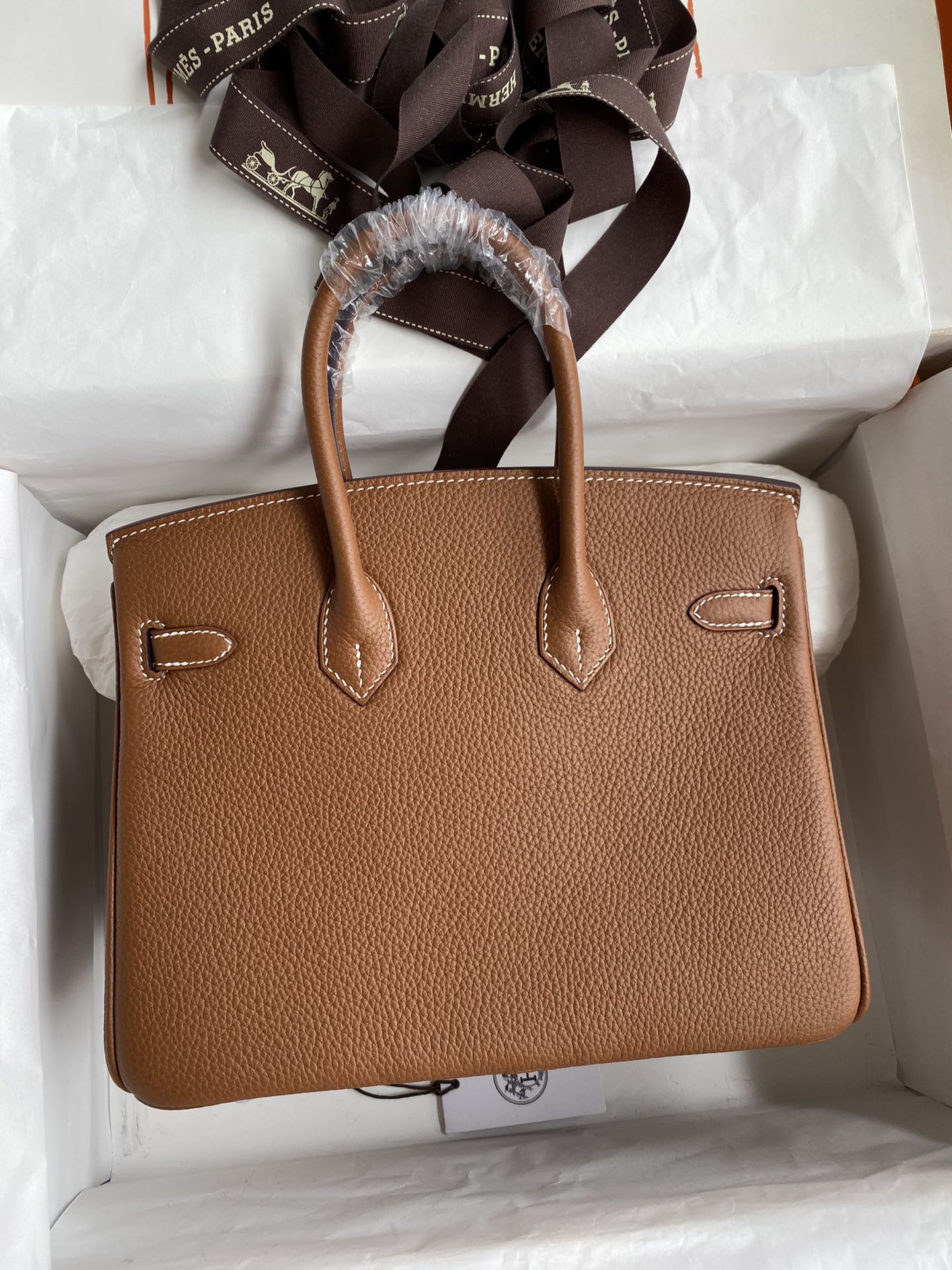 Picture[2]-Birkin 25cm Imported Togo Leather Gold Brown Silver Buckle Waxed Line-High Fake Bags