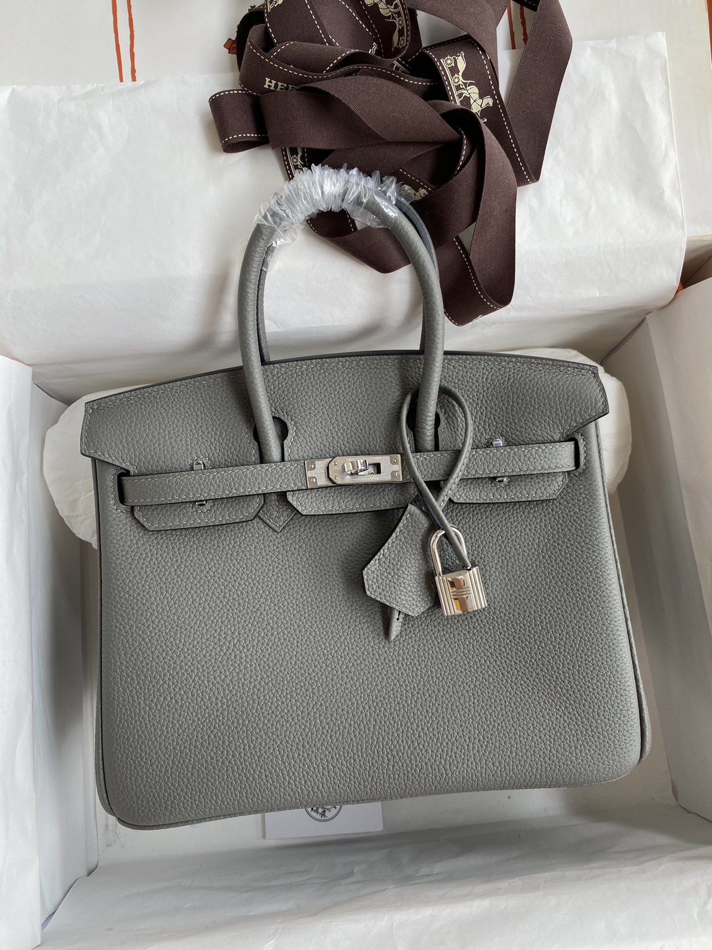 Birkin 25cm 进口Togo皮 积雨云灰 银扣蜡线-高仿包包
