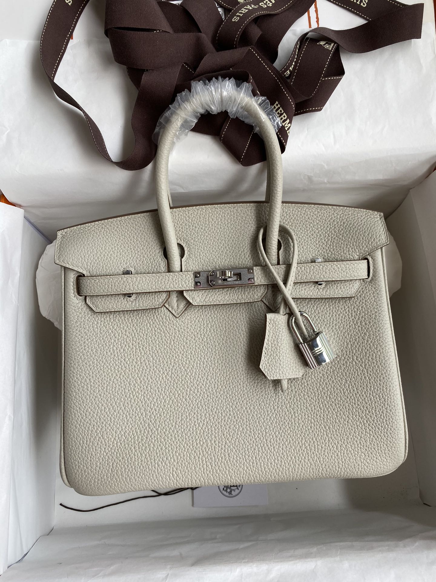 Birkin 25cm 进口Togo皮 珍珠灰 银扣蜡线-高仿包包