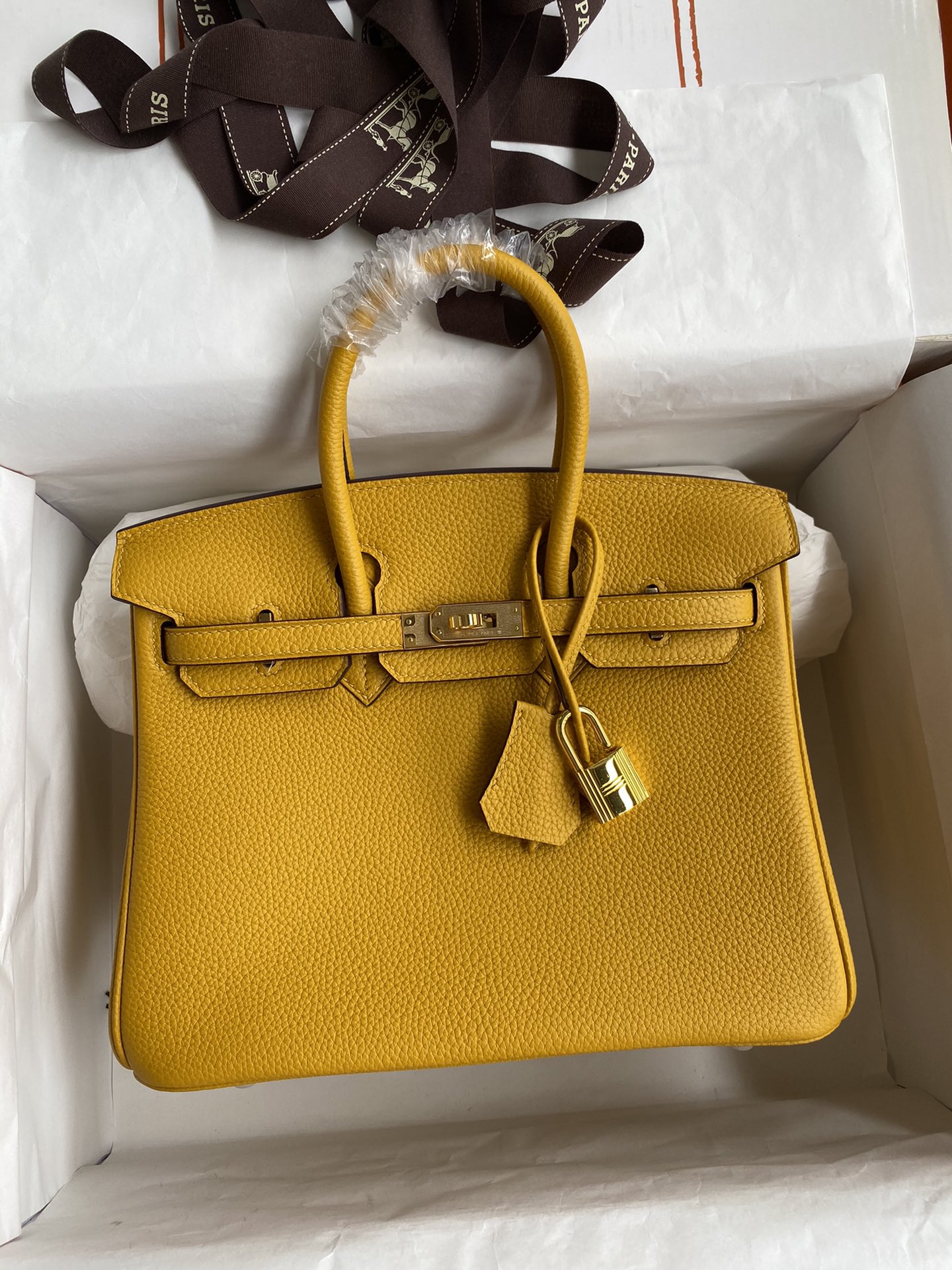 Birkin 25cm Imported Togo Leather Amber Yellow Gold Buckle Waxed Line-High Fake Bags