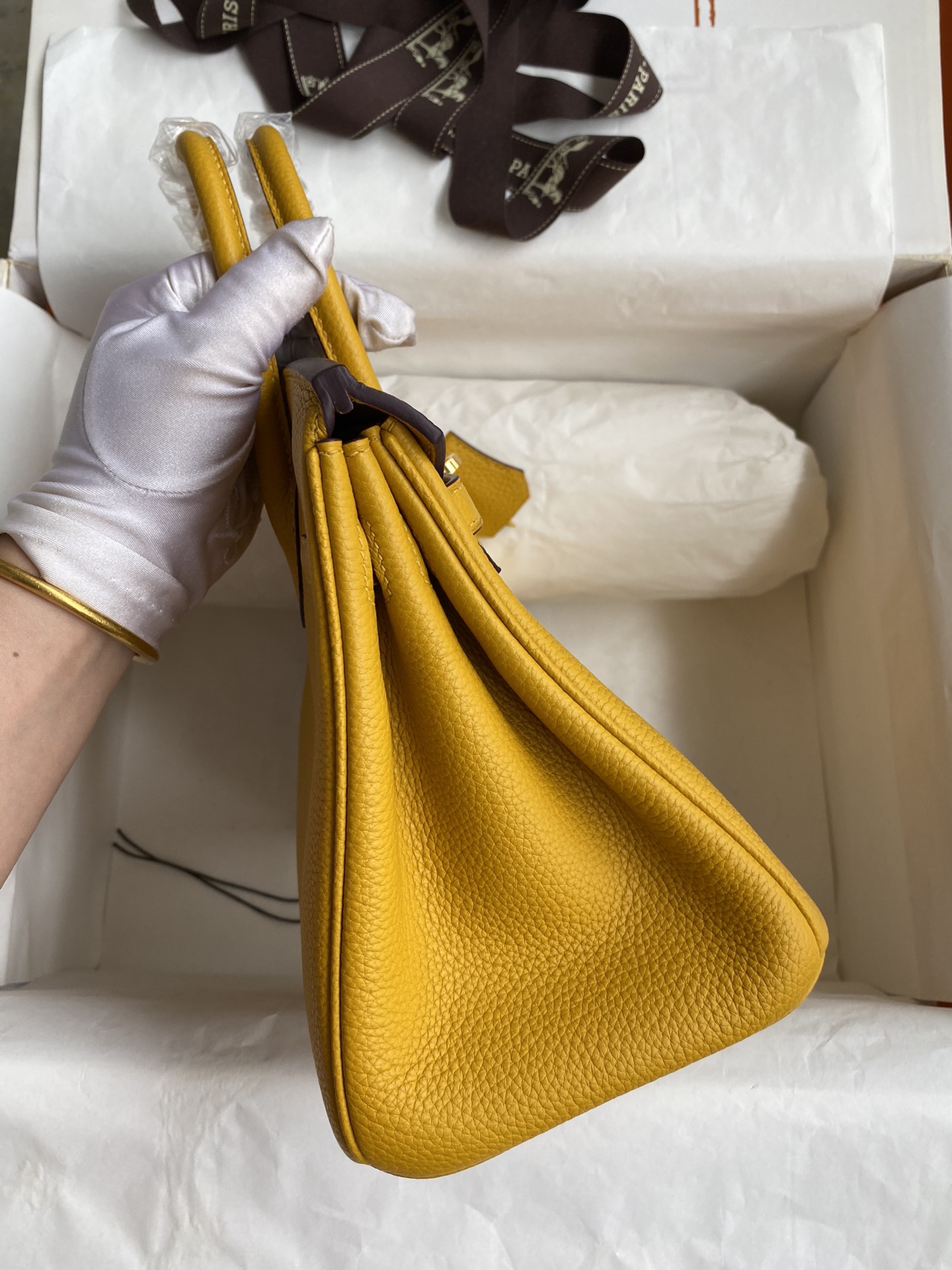Picture[5]-Birkin 25cm Imported Togo Leather Amber Yellow Gold Buckle Wax Line-High Fake Bags