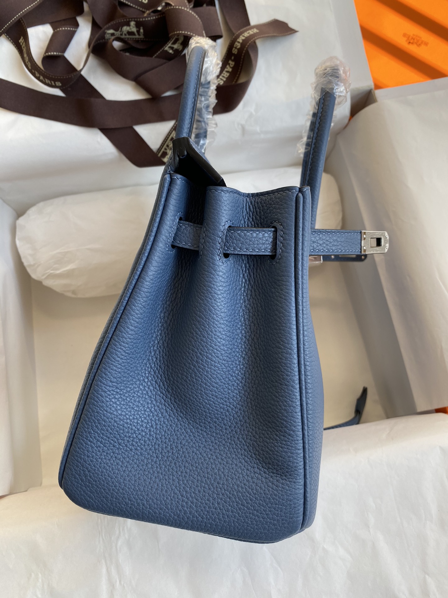 Picture[5]-Birkin 25cm Imported Togo Leather Onyx Blue Silver Buckle Waxed Line-High Fake Bags