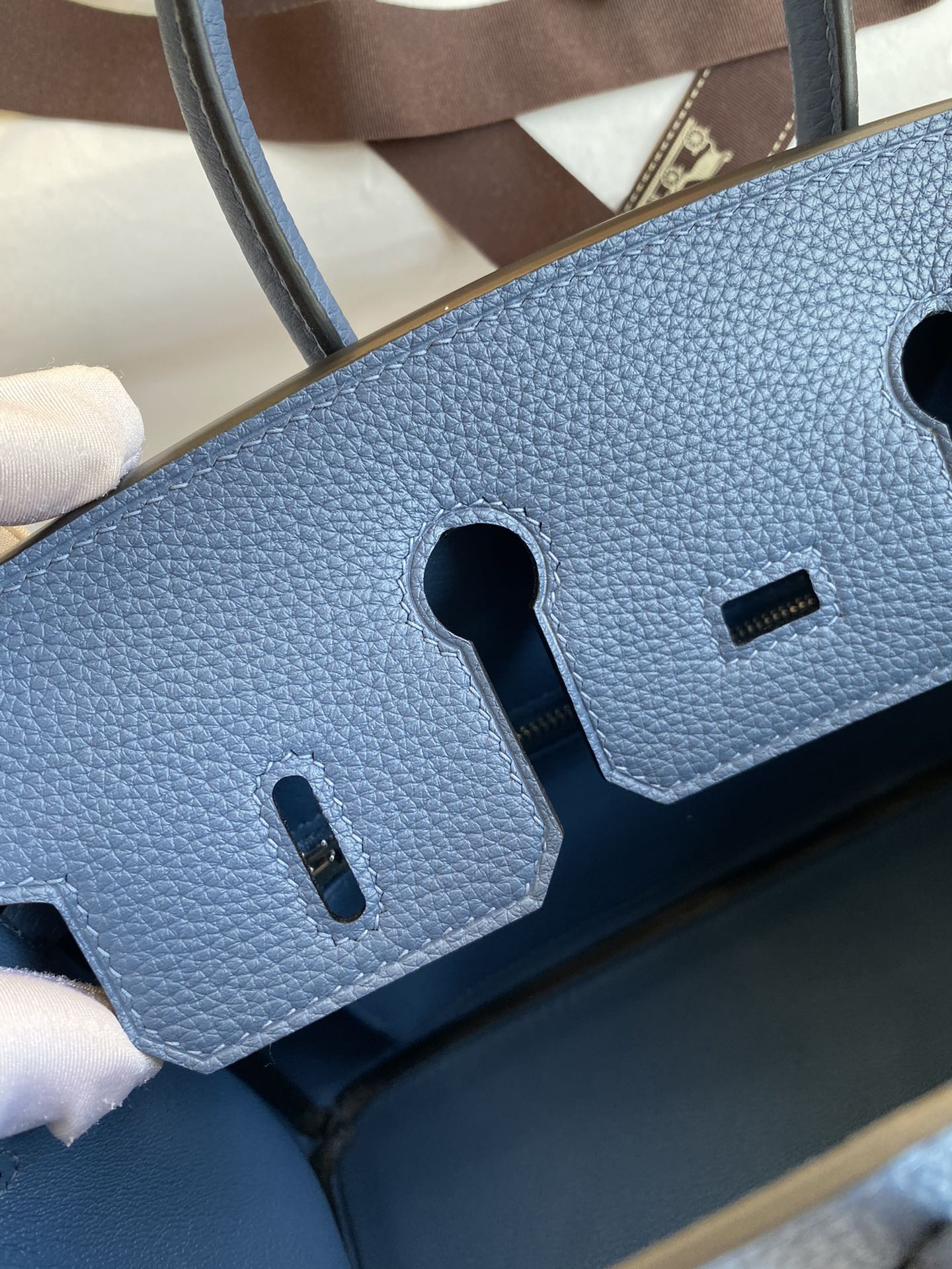 Image[8]-Birkin 25cm Imported Togo Leather Onyx Blue Silver Buckle Waxed Line-High Fake Bags