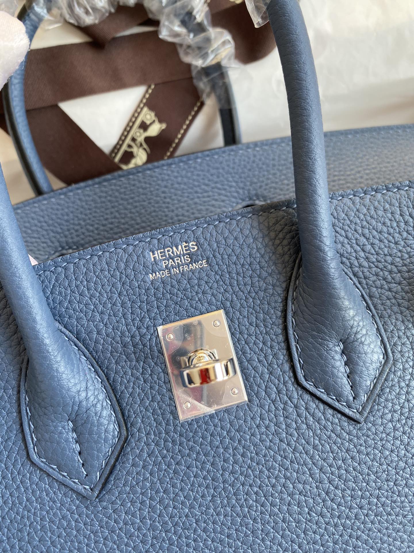 Picture[6]-Birkin 25cm Imported Togo Leather Onyx Blue Silver Buckle Waxed Line-High Fake Bags