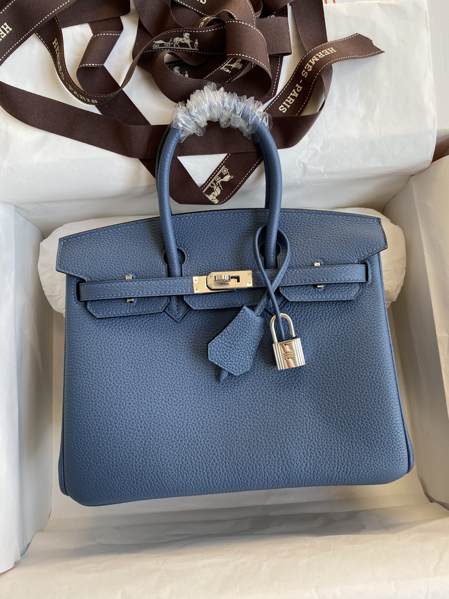 Birkin 25cm Imported Togo Leather Onyx Blue Silver Buckle Waxed Line-High Fake Bags