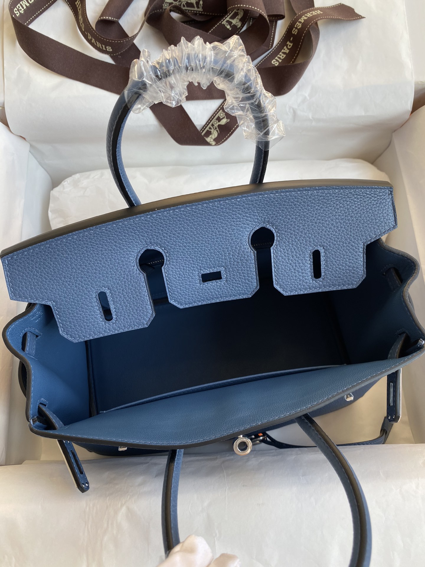 Picture[7]-Birkin 25cm Imported Togo Leather Onyx Blue Silver Buckle Waxed Line-High Fake Bags