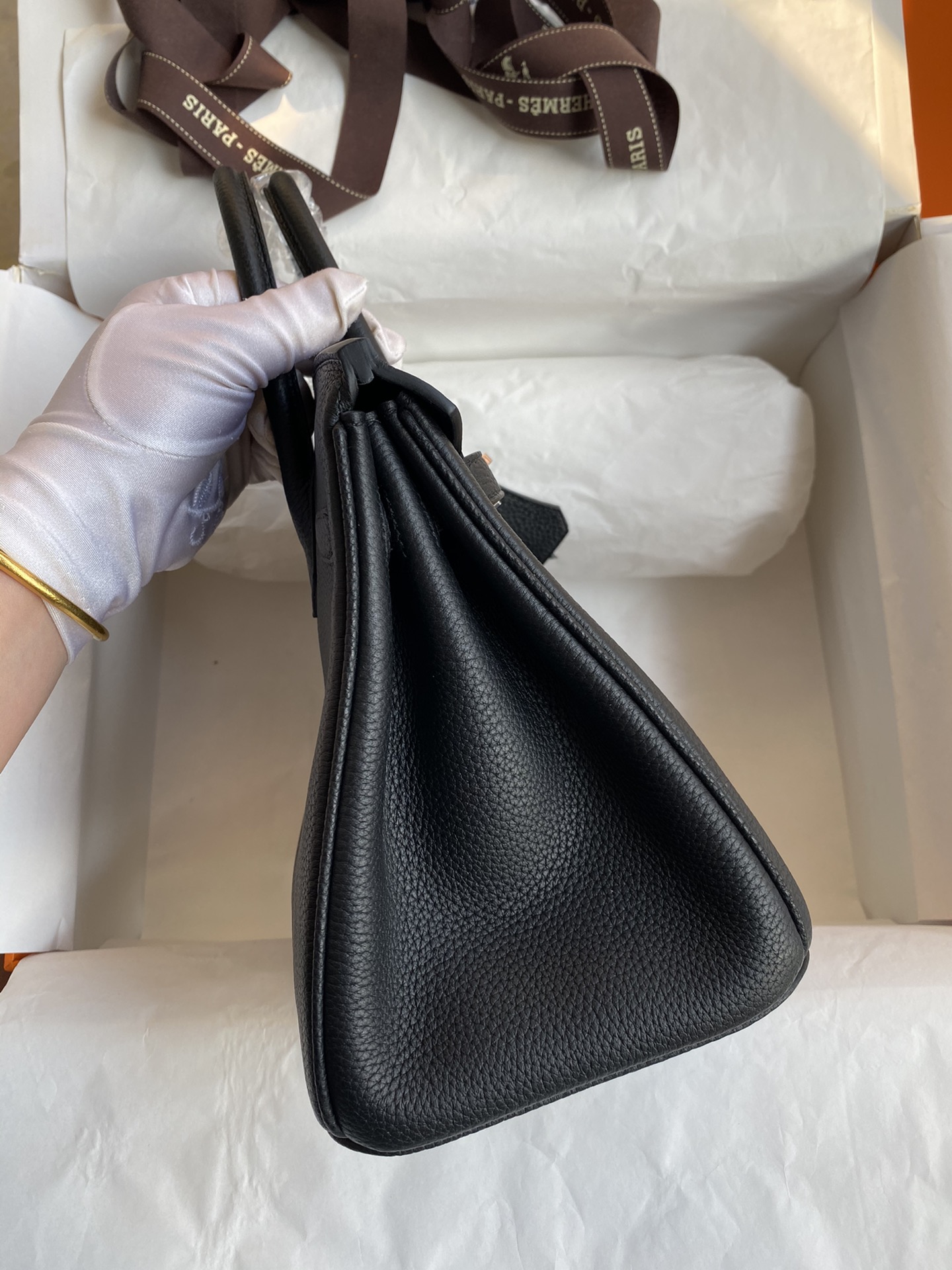 Image[5]-Birkin 25cm Imported Togo Leather Black Rose Gold Buckle Waxed Line-High Fake Bags