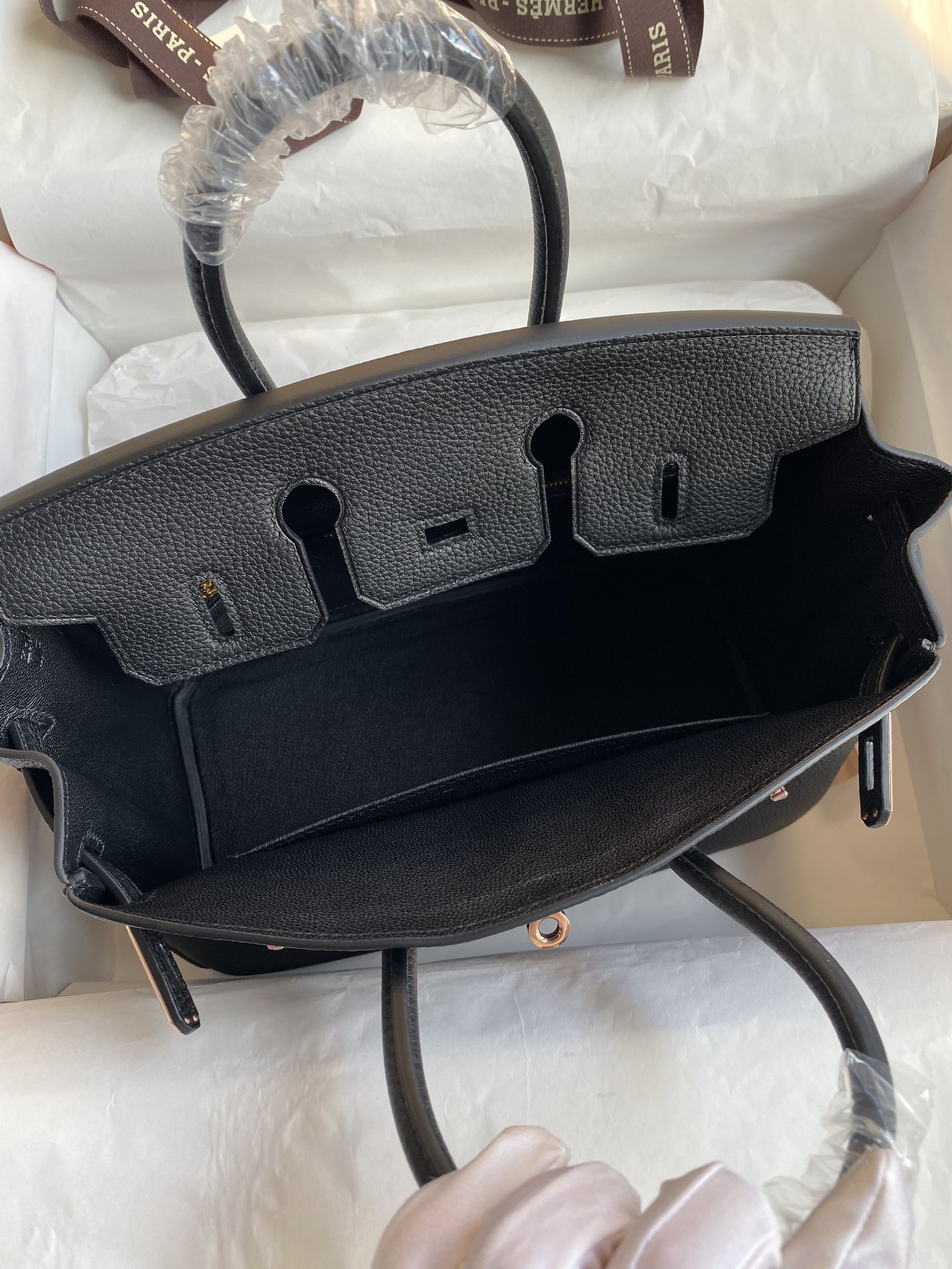 Image[6]-Birkin 25cm Imported Togo Leather Black Rose Gold Buckle Waxed Line-High Fake Bags