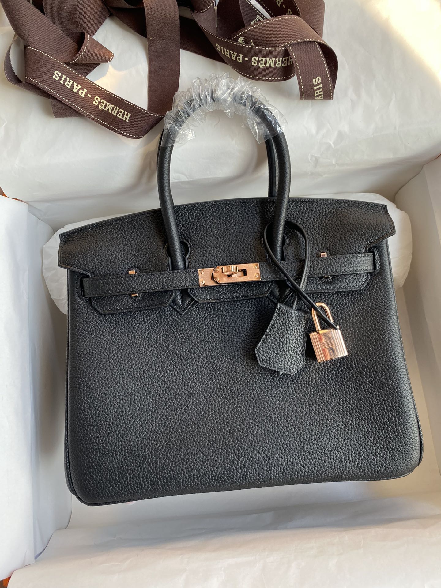 Birkin 25cm Imported Togo Leather Black Rose Gold Buckle Waxed Line-High Fake Bags